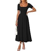 ZESICA Summer Dresses for Women 2026 Elegant Classy Square Neck Short Sleeve Flowy Cocktail Party Midi Dress
