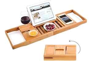 COLORANTIC | Bamboo Wood Bathtub Tray | Bathroom Caddy & Wine Holder | Cell Phone, iPad & Book Holder | Spa & Relaxation Gift