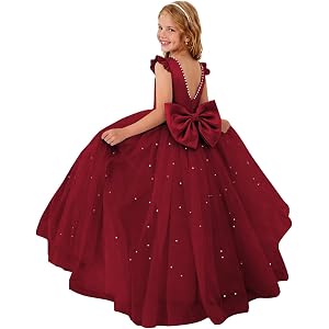 Hmoqpu Pearl Tulle Flower Girl Dress Bow Pageant Gown | Pearl tulle, A line, Big satin bow, Ruffle sleeve, Floor length, V ne