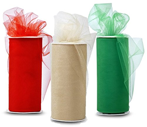 Holiday Colors !!! - Three Holiday Colors Tulle Fabric Spools, Classic Green, Red and Shiny Gold, 6 Inches by 25 Yards Each (75 feet).