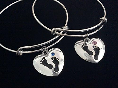 It's A Boy or It's a Girl Baby Footprints Silver Expandable Charm Bracelet Pink Blue Adjustable Wire Bangle New Mom Gift
