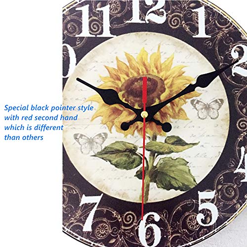 12 Inch Sunflower Kitchen Wall Clock Rustic Farmhouse Clocks, Thick Wood Home Decor Clock for Bedroom, Office, Dinning Room, Silent Battery Operated (Black)