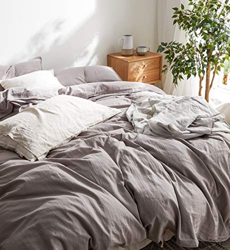 DAPU 55% French Linen 45% Cotton Duvet Cover with 2 Pillowcases, 3 Piece Ultra Soft Breathable Bedding Comforter Cover Sets with Button Closure(Gray/Linen Cotton, King)