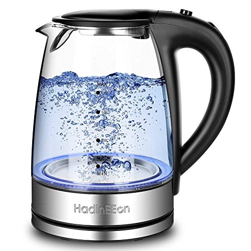 Click Here to See More Images HadinEEon Electric Kettle Glass Boiler Coffee Pot, Food Grade FDA Approved, 304 Stainless Steel Inner Lid and Bottom, 1500 Watts 7 Big Cups 1.8 Liter with Quick Auto Shut Off Boil