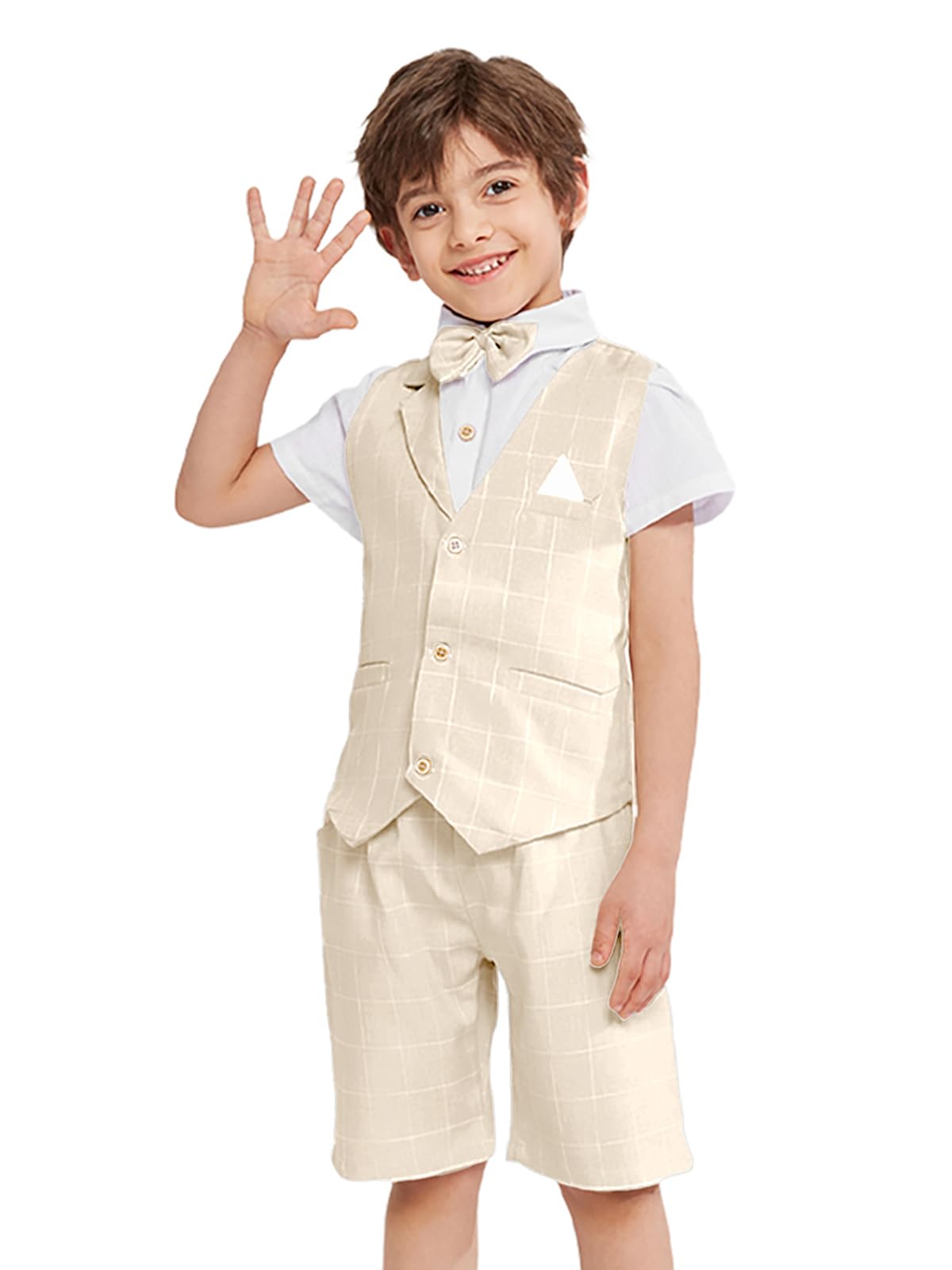 Photo 1 of LOLANTA Summer Boys Suit Dress Clothes Kids Wedding Ring Bearer Outfit 4Pcs Shirt Vest Shorts Set(Khaki,5)