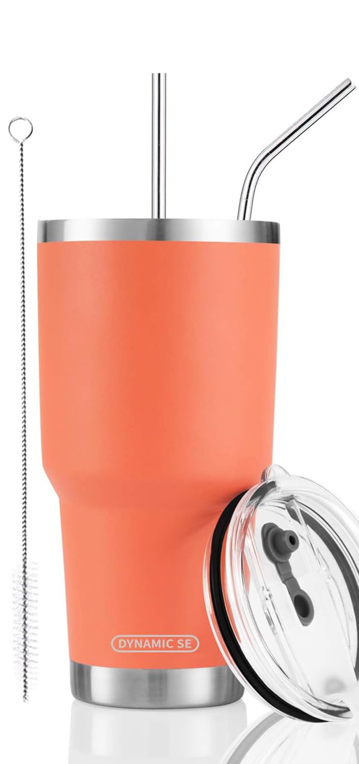 D·S 30oz Orange Tumbler Stainless Steel Insulated Travel Mug with Straw Lid Cleaning Brush (30oz Orange)