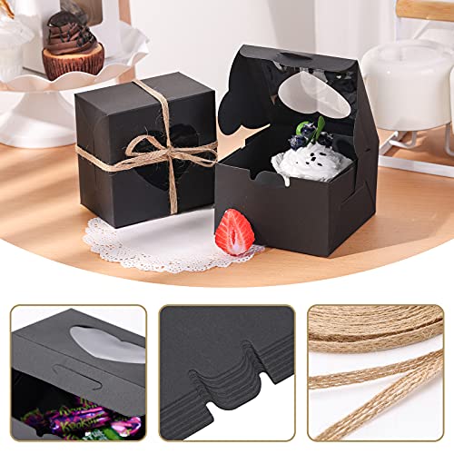 VGoodall 14 PCS Black Bakery Boxes with Window Cupcake Gift Boxes,18M Linen Ribbon for Bakery Wrapping Party Favor Packing
