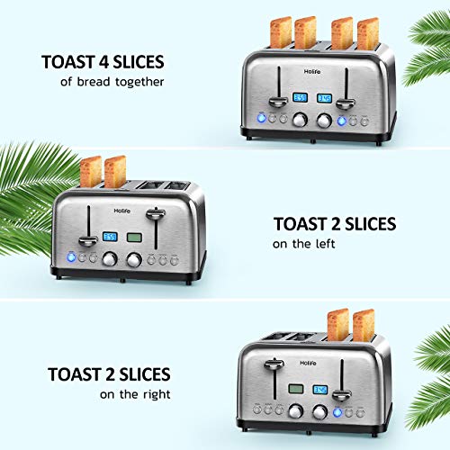 4 Slice Toaster, HOLIFE Stainless Steel Toaster [2 LCD Timer Display] Bagel Toaster (6 Bread Shade Settings, Bagel/Defrost/Reheat/Cancel Function, Wide Slots, Removable Crumb Tray, 1500W, Silver)