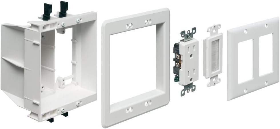 Arlington TVBU505K-1 TV Box Recessed Outlet Wall Plate Kit with Receptacle and Brush-Style Entry Device, 2-Gang, White, 1-Pack