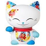 Mani the Lucky Cat Maneki Neko Fortune Cat White - Red Collar/Blue Ear