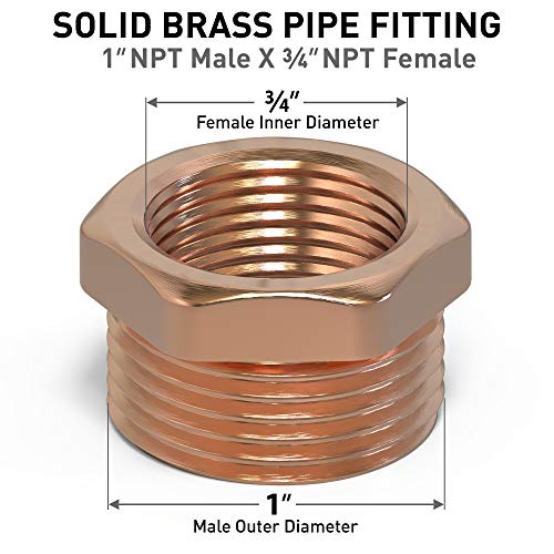 Brass Bushing 1" NPT Male x 3/4" NPT Female Threaded Brass Reducer Bushing Lead-Free Pipe Fittings 1inch x 0.75 inch