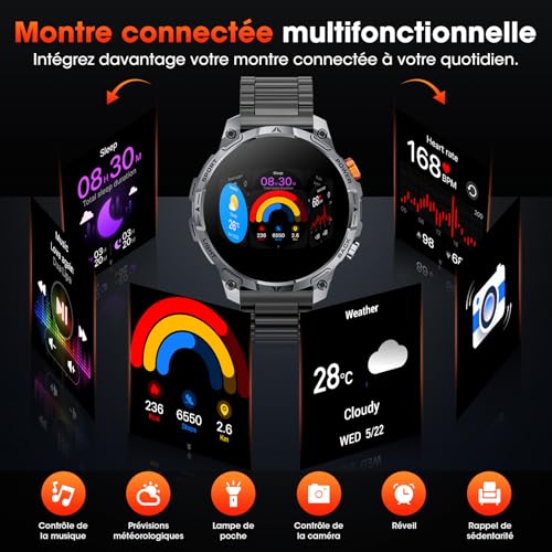 Haulvean Militaire Montre Connectée Homme, 1000mAh Batterie Smartwatch, Deux Bracelets, 1.75" HD Grand Écran, Lampe LED, 100＋Modes Sportifs, Surveillance Santé, Appel Bluetooth pour iOS Android（Noir）