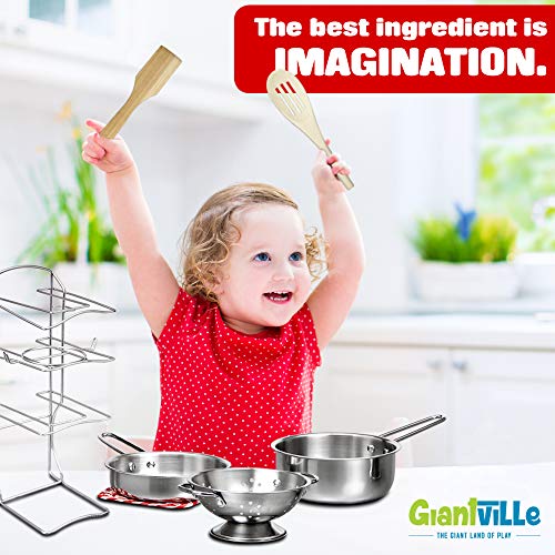 Giantville Toy Kitchen Play Set, 10 Piece Bundle - Stainless Steel Pots, Pans and Skillets, Wooden Spoons and Utensils, Pot Holders and Storage Caddy Rack - Thumbnail 5