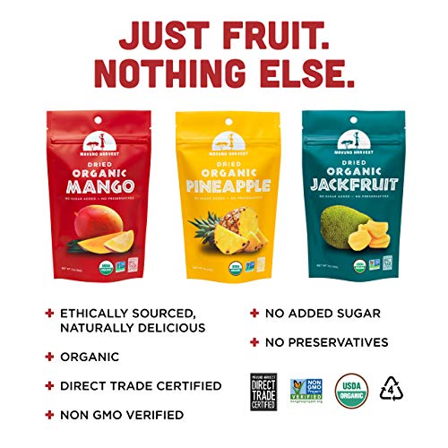 Mavuno Harvest Organic Dried Fruit Variety Pack | Dried Mango, Pineapple, and Jackfruit | Healthy, Vegan, No Sugar Added, Non GMO Snacks for Kids & Adults | 2 Ounce, Pack of 3