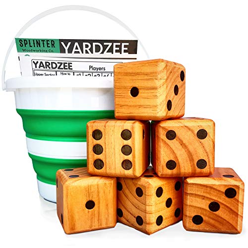 Splinter Woodworking Co Yardzee & Yard Farkle Giant Yard Dice Set (6 Dice) with Collapsible Bucket and Lid, Big Laminated Score Cards & Erasable Marker | Weather Resistant Backyard Lawn Game | Outdoor