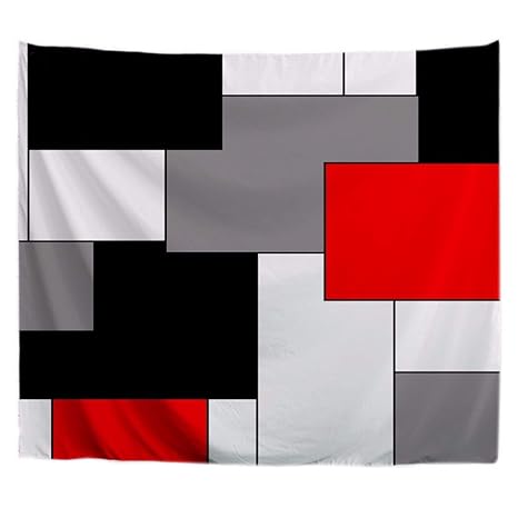 Amonamour Tapisseries Rectangle Noir Blanc Rouge Gris Treillis Coloré Grilles Blocs De Couleur Fond Géométrique Abstrait Impression Tissu Mur