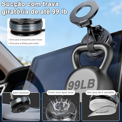 Tobeape Suporte Magnético para Carro com Sucção a Vácuo, Compatível com MagSafe, Ventosa Dobrável 360°, para Espelho e Academia, Ímã Super Forte até 55N