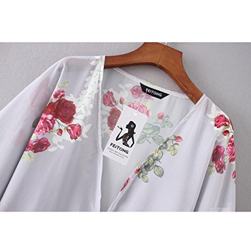 Tootu Women Chiffon Loose Shawl Print Kimono Cardigan Top Cover Up Blouse Beachwear (S, Gray)