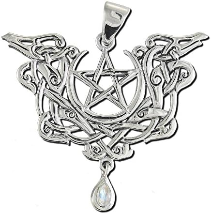 Sterling Silver Dragon Viking Knot Pentacle Pendant with Natural Rainbow Moonstone
