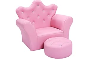 Costzon Kids Sofa, Children Upholstered Sofa with Ottoman, Princess Sofa with Diamond Decoration, Ottoman, Smooth PVC Leather Toddler Chair, Kids Pink Couch for Preschool Boys and Girls Gift (Pink)