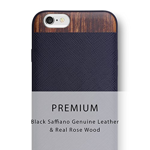 iPhone 6S / iPhone 6 Case. iATO Genuine LEATHER & Real WOODEN Premium Protective Cover. Unique, Stylish & Classy Black SAFFIANO LEATHER & ROSE WOOD Bumper Accessory for Apple iPhone 6S/6