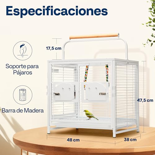 VIVOHOME 48cm Portable Wrought Iron Bird Cage with 2 Feeders, Colorful Rope Perch and Removable Tray, for Parrots, Conures, Parrots, Cockatiels, Budgies, White