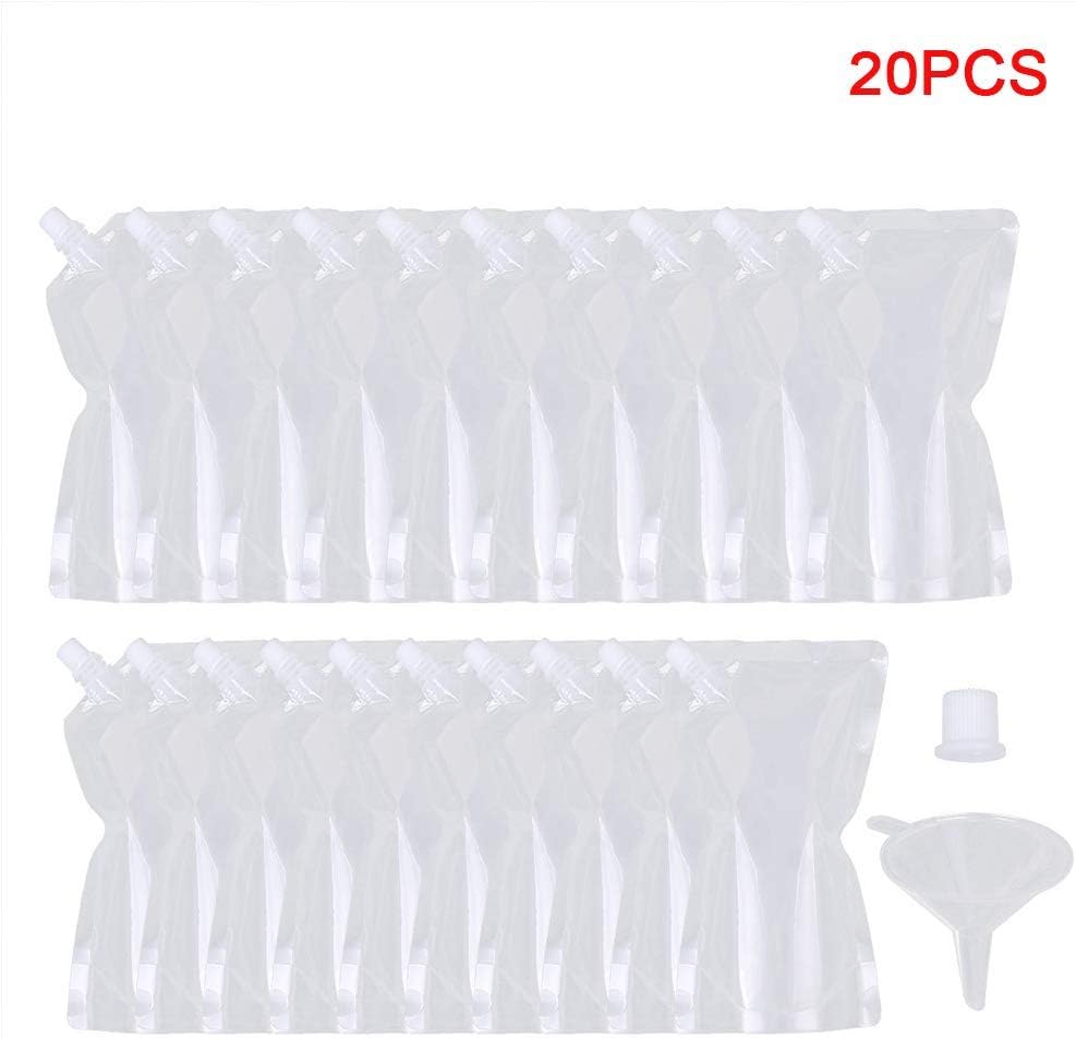 20Pcs Transparent Plastic Cruise Liquor Bag Kit,Reusable Liquid Spout Bags with Collapsible Silicone Funnel Included for Stand Up Drink Container
