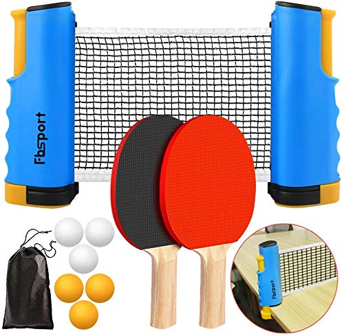FBSPORT ping pong set, Table Tennis Sets, 2 Bats, 6 Balls and extendable ping-pong nets, Professional Ping Pong Racket Paddle Set with Carry Bag, for Indoor/Outdoor Games