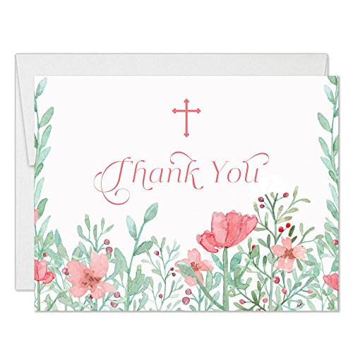 Baby Girl Christening Delicate Pink Floral Thank You Cards with Envelopes (Pack of 25) Blank Baptism Gifts Gracias Thank You Notecards Religious Christian Church Celebration Excellent Value VT0099B