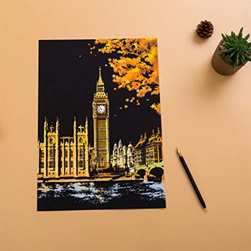 Eraimp Scratch Art Paper, Rainbow Painting Sketch Pad, Night View Scratchboard for Adult and Kids, DIY Arts & Crafts, with Wooden Stylus, Exquisite Packaging - 15.94"x11.2",Big Ben - Thumbnail 3