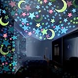 Cute Wall Sticker Glow Star, 200PC 3cm Kids Bedroom Fluorescent Glow In The Dark Stars DIY Wall Decal Home Decor (100PC Star and Moon)