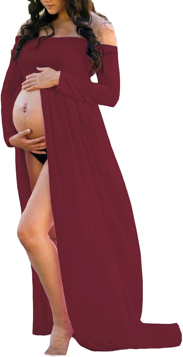 Maternity Dress for Photography Off Shoulder Long Sleeve Chiffon Gown Split Front Maxi Pregnancy Dresses for Photoshoot (A-Burgundy) at  Women’s Clothing store