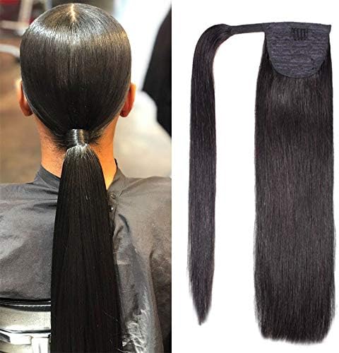 Brazilian Human Hair Ponytail Extension - 20inch Straight Wrap Around Ponytail Extension for Women 100% Real Remy Straight Human Hair Grade 9A Clip in Ponytail 80Grams （#1B Natural Black）