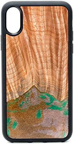 ModernWood iPhone X Protective Case Cover Unique Handmade Real Wooden Burl & Artistic Swirl of Resin Texture Creative Design Apple iPhone 10 Back Cover with Shock Absorbing Rubber Bumper Green Brown