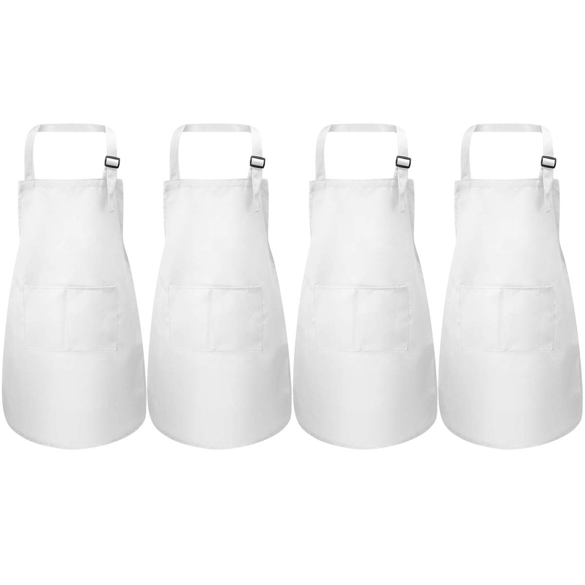Disino 4 Pcs White Kids Aprons Set, Boys Girls Adjustable Aprons with 2 Pockets, Children Chef Apron Toddler Kitchen Garden Bib Aprons for Cooking Crafting Painting Baking (7-13 Year)