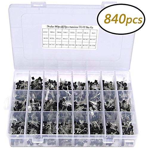 840PCS 24 Values 2N2222-S9018/BC327-BC558 NPN PNP Power General Purpose Transistors Assortment Kit with Storage Case