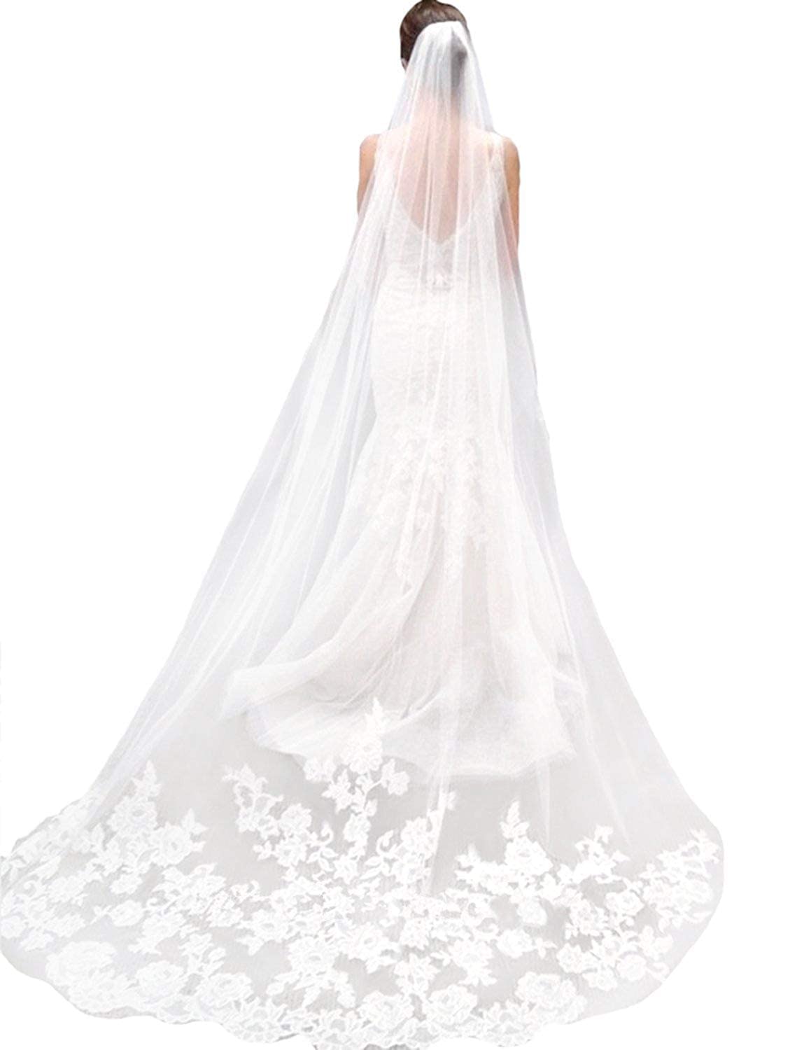 Lianshi Single Layer Wedding Veil Bridal Veil Lace Embroidery Lace Edge Bride Supplies 3M with Comb (Ivory)