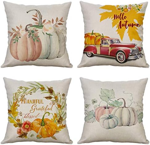 1758studio Fall Autumn Throw Pillow Covers,18" x 18"Set of 4 Pumpkin Truck Rustic Theme Cushion Covers Cases Thanksgiving Christmas Home Decoration Pillow Covers Set for Bed Sofa