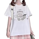 RILGOU Harajuku Kawaii Fashion Casual Style Crew Neck Short Sleeve Cute Cartoon Angel Kitty Graphic Print T-Shirt