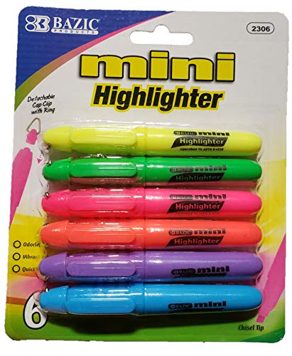 6-Pack Fluorescent Mini Highlighters With Detachable Clip Ring- Assorted Colors