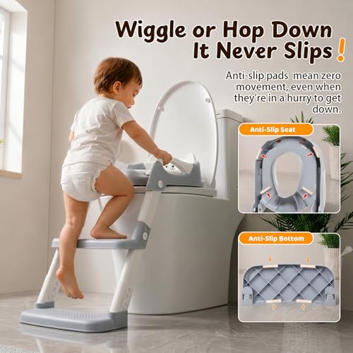 Adaptador Wc Niños - Reductor Wc Niños - Pedal Ampliado y Antideslizante | Fácil de Montar y Guardar | Altura Ajustable | Protector Antisalpicaduras | Asa | para Niños Niñas en el Baño - Gris