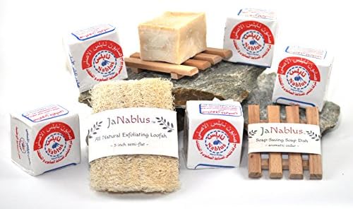 Nablus Olive Oil Soap Bar The Original 100% Natural - 6 Bars, 1 Natural Loofah, 2 Cedar Soap Dishes (Bundle)