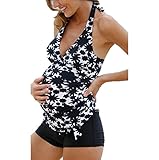 Summer Mae Women Maternity Pregnancy Halter Black Floral Tankini Swimsuit