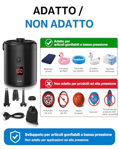 Lytool Pompa Elettrica 5200mAh con Display Digitale, 4 KPa Portatile Rapida 280L/min con 3 Ugelli e Anello per Piscina, Vacuum, Campeggio e Materasso Gonfiabile