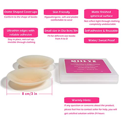 MIILYE Invisible Adhesive Silicone Nipple Pasties Concealer in Dome Shape with Ultrathin Edge for Cup A to D, Nude Color, Small Size 8cm/ 3in