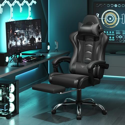 Silla Gaming con Masajeador Silla Oficina con Reposapiés Negro