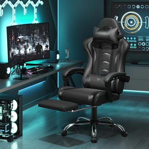 Yaheetech Gaming Chair, Video Game Chair with Massage Lumbar Support and Footrest Height Adjustable Ergonomic Computer Chair with Swivel Seat and Headrest, Full Black