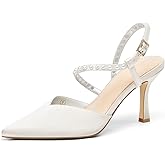 Coutgo Womens Pearl High Heels Closed Pointed Toe Wedding Bride Dress Shoes Ankle Strap Satin Pumps（Choose a Size up）