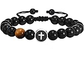 JAYUMO Mens Bead Bracelet Adjustable Natural Stone Tiger Eye Beaded Bracelet Cross Bracelets for Men Women