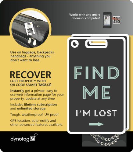 Dynotag Web Enabled Smart Fashion Luggage ID Tags, with DynoIQ & Lifetime Recovery Service. 2 Identical Tags+Chains (Find Me!)